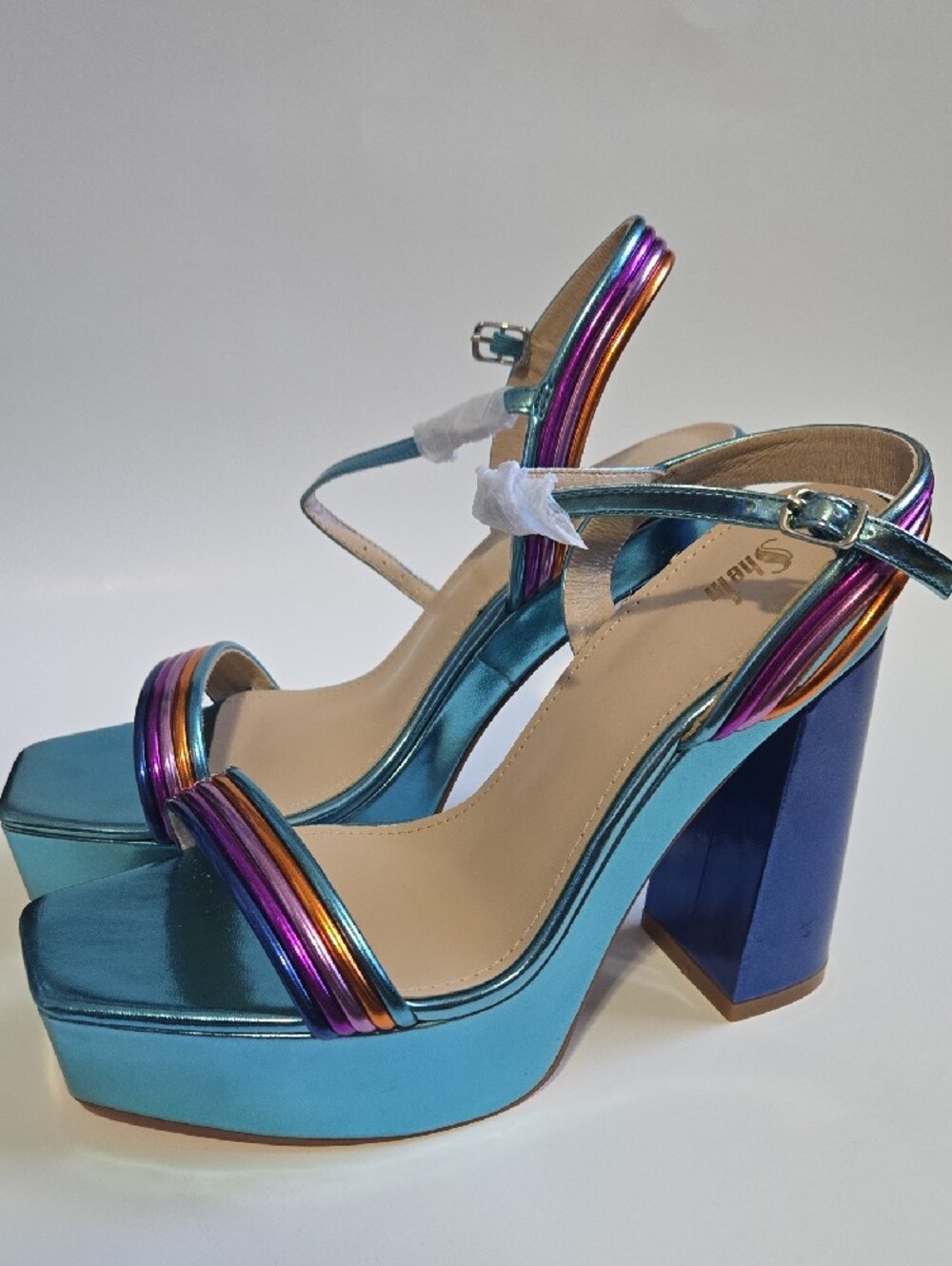 New SHEIN Teal Platform Sandals with Multicolor Metallic Straps